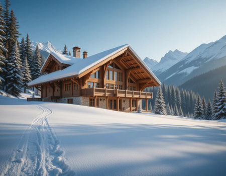 Beautiful wooden chalet in the mountains. Beautiful winter landscape.の素材