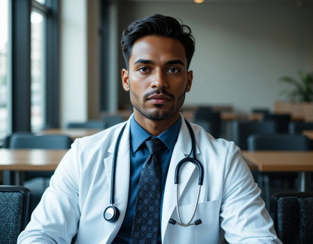 Portrait of handsome young Indian doctor in white coat and stethoscopeの素材