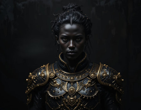 Portrait of a beautiful black woman in medieval armor over dark backgroundの素材