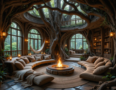 Interior of a room with an old tree and a fireplace.の素材