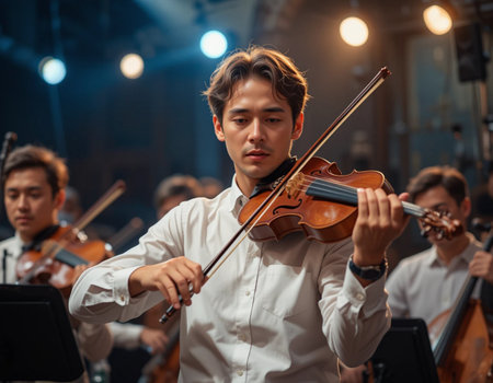 Young Asian man playing violin on stage in the music hall.の素材