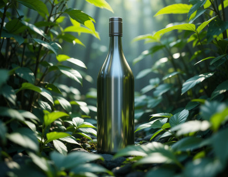 Bottle of wine in the green forest. 3d illustration.の素材