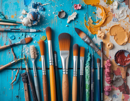 Paint brushes and palette of paints on a blue wooden background.の素材