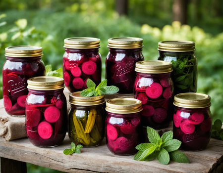 Homemade pickled vegetables in glass jars. Selective focus. nature.の素材