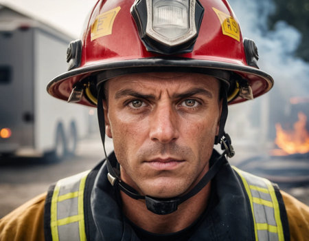 Portrait of a fireman in front of a fire engine.の素材
