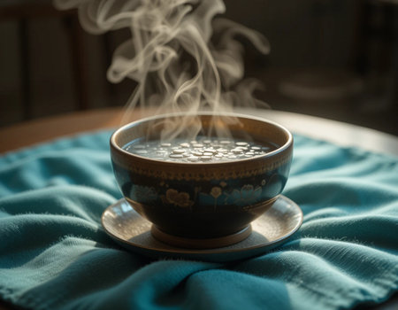 Cup of hot tea with steam on wooden table, closeupの素材