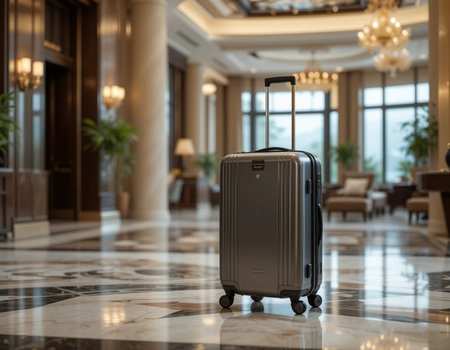 Luggage in hotel lobby. Travel concept. 3D Renderingの素材