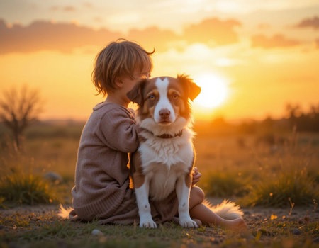 Little boy with a dog at sunset in the park. Pet care conceptの素材