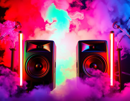 Acoustic speakers on the background of a colored neon lamp and smokeの素材