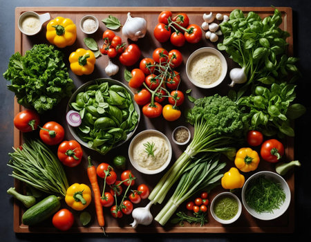 Composition with variety of fresh vegetables on wooden board, top viewの素材