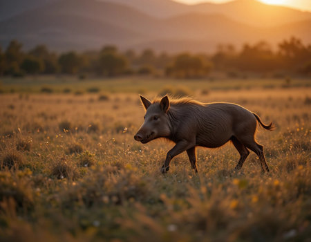 Portrait of a wild warthog in the field at sunsetの素材