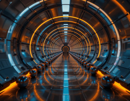 Futuristic corridor with glowing lights and spheres. 3d renderingの素材