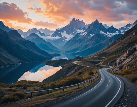 Winding road in the mountains at sunset, Torres del Paine National Park, Chileの素材