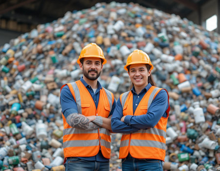 Portrait of two engineers standing with arms crossed in front of a large pile of trashの素材