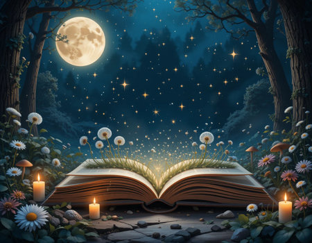 Open book in the forest at night with full moon, flowers and candlesの素材