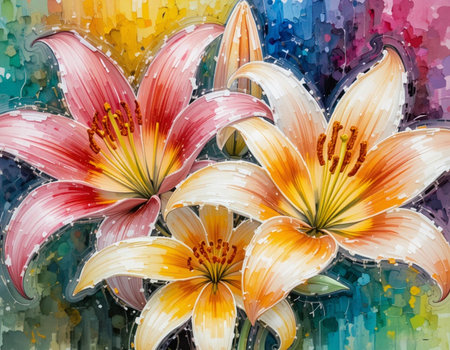 Colorful lily flowers on abstract watercolor background. Vector illustration.の素材