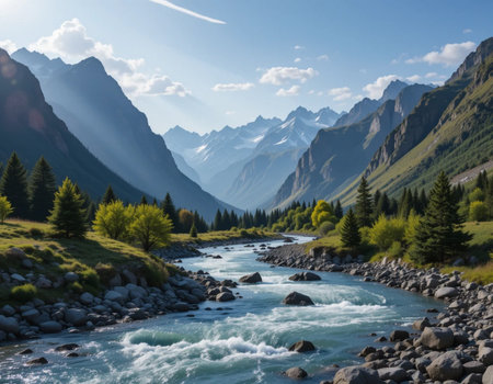 Landscape with river and mountains in the Altai Republic, Russiaの素材