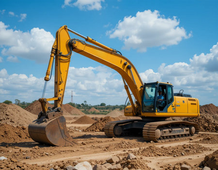 excavator at a construction site on a background of blue skyの素材