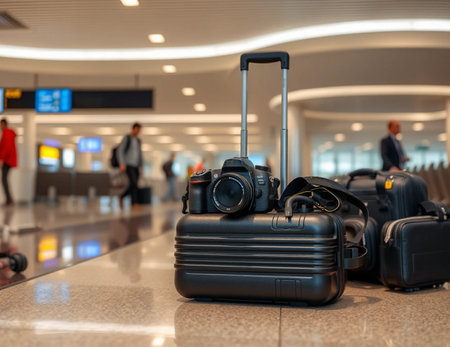 Luggage with camera in airport terminal. Travel and tourism concept.の素材