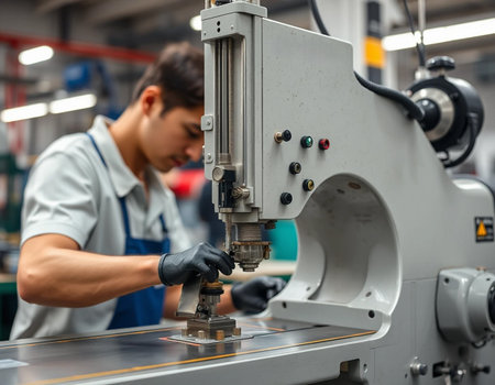close up of a factory worker working on a machine in a factoryの素材