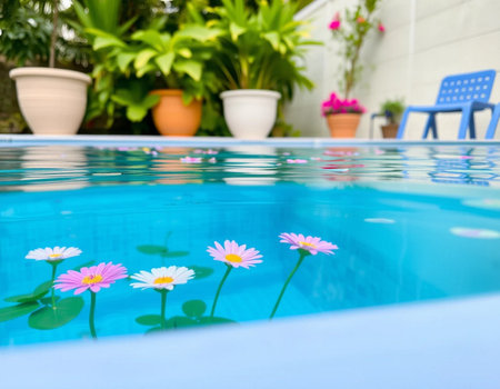 flowers in a swimming pool with blue water and blue deck chairの素材