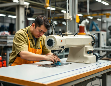 young Asian man working with sewing machine in factory workshop. industrial and technology conceptの素材