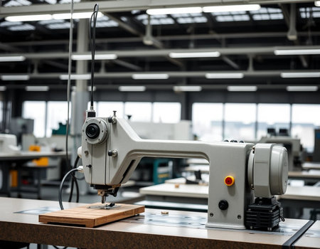 modern industrial sewing machine working on a wooden workbench in a factoryの素材