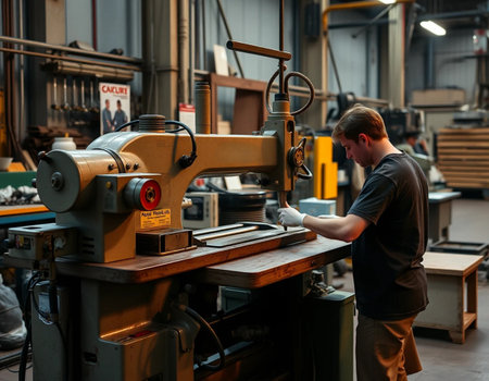 Carpenter working on a lathe machine in a workshop.の素材