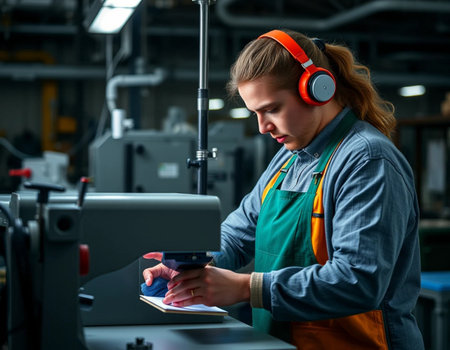 Portrait of a young man working in a factory. He is using a tablet and headphones.の素材