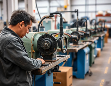 Man working on lathe machine in the factory. Machinery and equipmentの素材