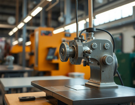 Modern metalworking machine in factory. Industrial background. Selective focus.の素材