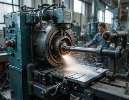 Industrial metalworking machine with sparks flying through the air in a factoryの素材