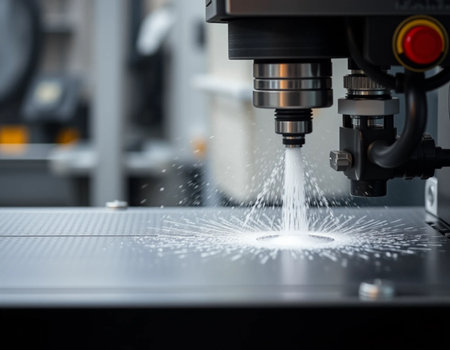 The CNC milling machine cutting the mold part with the sparking light. The hi-technology mold and die manufacturing process.の素材