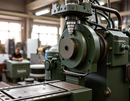 Close-up of lathe machine in factory. Selective focusの素材