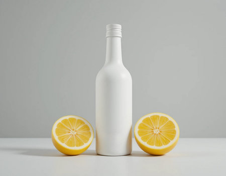 Bottle of lemonade with lemons on white table against gray backgroundの素材