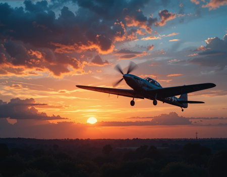 Small propeller airplane flying in the sky at sunset with clouds.の素材