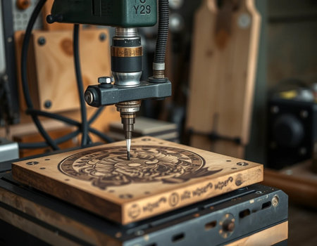 CNC milling machine on a workbench in a carpentry workshopの素材