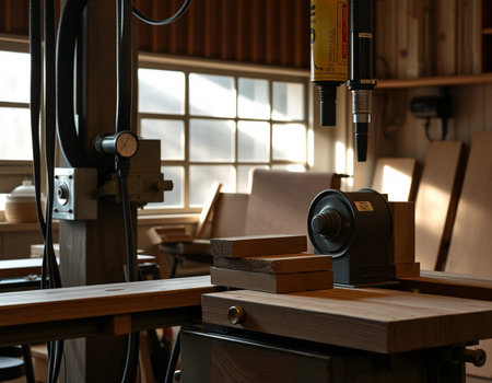 Carpenter working on a woodworking machine in his workshop.の素材