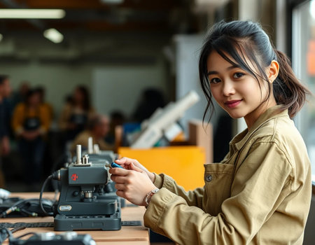 portrait of young Asian woman working with 3d printer in workshopの素材