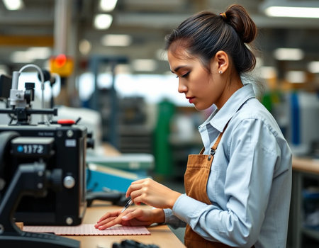 young asian female fashion designer working on laptop at modern textile factoryの素材