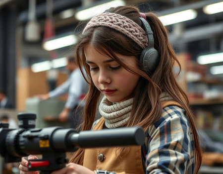 Cute little girl with headphones and video camera in a shopping centerの素材