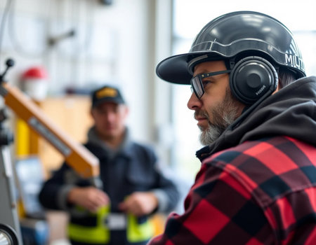 Portrait of a bearded man in a helmet and headphones in a factoryの素材