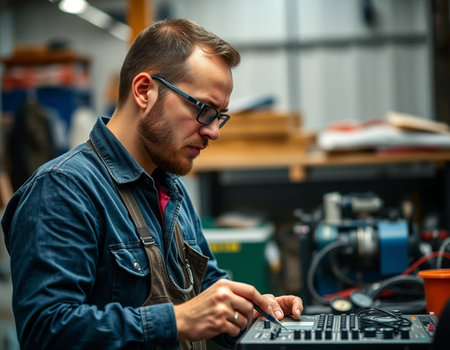 Portrait of a young caucasian man working on a computer in a workshopの素材