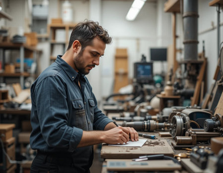 Side view of young caucasian male carpenter working in workshopの素材