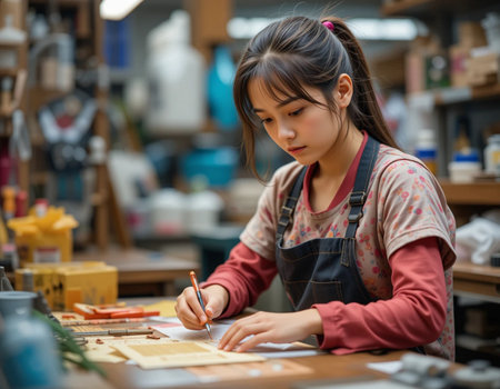 Little asian girl painting on paper with pencil in pottery workshopの素材