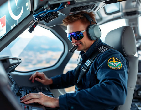 Handsome pilot in headphones and goggles sitting in cockpit of airplaneの素材