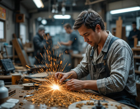 Industrial worker using a torch to make sparks in a workshop.の素材