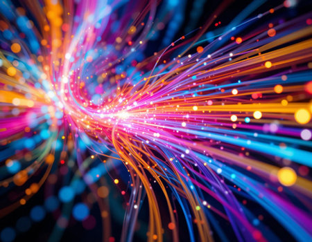 abstract technology fiber optic background with light rays and bokehの素材