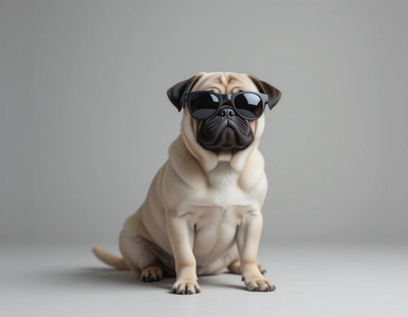 Pug dog wearing sunglasses sitting on gray background with copy space.の素材