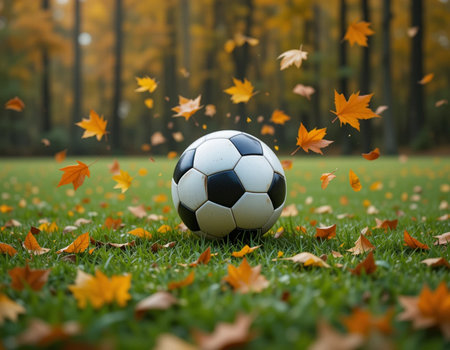 Soccer ball on the green grass with falling autumn leaves background.の素材